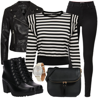 Outfit mit Schwarz Lederjacke/Biker Jeans/High Waist Jeans/Push up Jeans/Leder Schuhe/Thermojeans/Winterjacke Tommy Hilfiger "Trendiges Herbst Outfit"