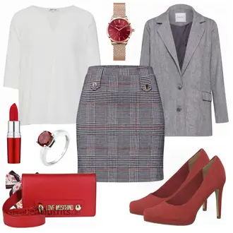 Outfit mit Grau/Dunkelgrau/Dunkelblau/Blau/Lila Short Große Größe/Strick Große/70er Minirock/Boucle Rock/Hahnentritt Rock/Minirock/Karierter Rock/Tweed Rock About You "Tamaris Pumps"