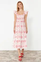 Red Ethnic Patterned Skirt Waist Opening Square Collar Woven Dress