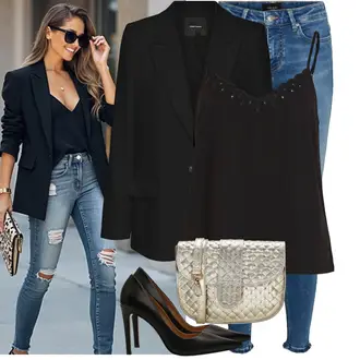 40e verjaardag Gast Outfit met zwart Blouse met Oogjesborduurwerk/Mouwloze Blouse/Kinderspeelgoed/Instapblouse/Blouse Top/Open Blouse/Buitengewone Blouse/Crashblouse/Мужчынскія туфлі/Feest top/Mouwloze top/Topje met spaghettibandjes/Blouse topje/Kort topje Vila "Modieuze lente-outfit"Look: Verjaardag, Popconcert, Festival, 40e verjaardag, Gala, Vormsel, Suikerfeest, Feest, Opera, Diner, Zwembad, Bar