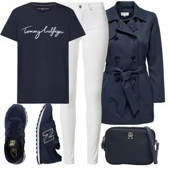 Outfit mit Weiß/Creme/Grau Lederjacke/Jeans mit Schlitz/Push up Jeans/Leder Schuhe/Slim Fit Jeans/High Waist Jeans/Knöchelstiefel/Low Rise Jean Tommy Hilfiger "Frühlings Outfit"