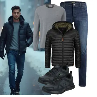 Outfit mit Schwarz/Dunkelgrün/Khaki Isolationsjacke/Daunenjacke/Kunstfaserjacke/Jacke mit Seitlichem Reißverschluss/Herbstjacke/Winterjacke/Puffer Jacke/Thermojacke/Steppjacke/Verstaubare Jacke/Kapuzenjacke Indicode "Freizeit Outfit"