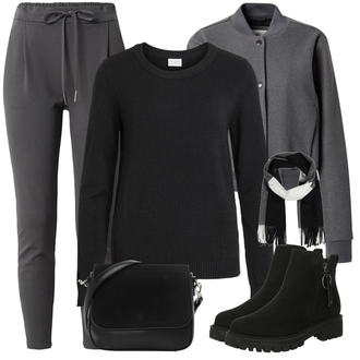 Kratka Outfit sa Crna Ravna Gležnjača/Zimska gležnjača/Kožna Jakna/Čizma s patentnim zatvaračem/Chelsea Gležnjača/Podstavljena Gležnjača About You "Zimski outfit"