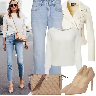 Party Outfits Große Größen mit Beige/Creme/Weiß/Khaki/Gold Mantel/Bikerjacke/Crop Jacke/Kurzjacke/Kunstlederjacke/Jacke mit Seitlichem Reißverschluss/Motorradjacke/Wolljacke VERO MODA, Hellblau Hose Große Größe/T-shirt/Schlaghose Jeans/Jeans mit Schlitz/男士皮夹克/Vintage jeans/Wide Leg Jean VERO MODA, Creme/Weiß Kaschmir-Strickjacke/Strickjacke Gefüttert/Rundhals-Strickjacke/Kurze Strickjacke/Stehkragen-Strickjacke/V-Strickjacke/Wolle Strickjacke/Basic Pullover/Carmenpullover/Kaschmir Pullover/Feinstrickpullover/Kaschmir Pullover/Strickpullover/Nicki Pullover/Einfacher Pullover Only "Frühling outfit"
