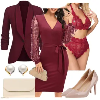 Lang Outfit mit Rot/DunkelRot/Bordeaux Strick­blazer/Lederjacke/Blazerjacke/Longblazer/Lässiger Blazer/Blusenblazer/Eleganter Blazer Unibelle "Perfekt Für Die Party"