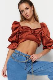 Cinnamon Crop Lined Woven Satin Blouse