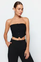 Black Strapless Button Detail Crop Woven Blouse