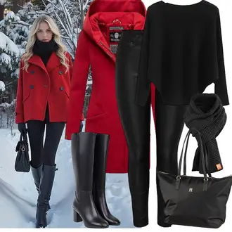 Winter Outfit mit Schwarz/Weiß/Braun Klassischer Stiefel/Lammfell Stiefel/ReitStiefel/High Heels Stiefel/Spitzer Stiefel/WeitschaftStiefel/Langer Stiefel/Kniehoher Stiefel Hotberry "Winter Outfits"