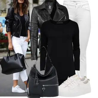 Ausgefallene Ab 50 Outfit mit Weiß/Creme/Grau Herren Lederjacke Only "Cool für die Freizeit"Look: Nahtlos, Classic, Schick, Premium, Schlichte, Ausgefallene, Boho, Schön, 70er, Glamourös