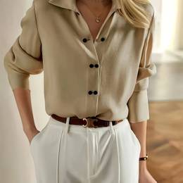 Elegant Double-breasted Long-sleeved Polyester Shirt, Lapel Collar, Solid Color, Non-stretch, Fake Buttons, Woven, 120g/m², Spring/fall Season
