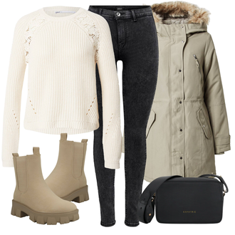 Outfity na zimu krajkou s Béžová/Khaki/Bílá/Krémová Svetr s Výstřihem/Svetr Carmen/Pletený Svetr Only "Zimní outfity"