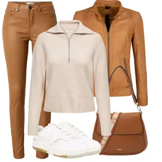 Outfit mit Gelb/Braun/Beige Mantel/KunstLederjacke/Jacke mit Seitlichem Reißverschluss/Leder Bomberjacke/Lederjacke/Vintage Lederjacke Maze "Outfit in herbstlichen Farben"