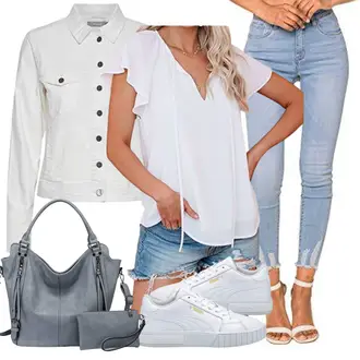 Outfit mit Blau/Weiß/Rosa Crash­bluse/Offene Bluse/Einfarbige Bluse/Schlupfbluse/Volantbluse/Lederjacke/Bluse Oberteil/Kurzarmbluse Dokotoo "Schöner Sommer Look"
