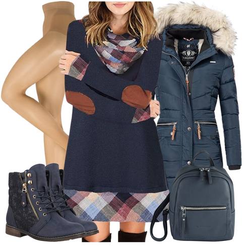 Pastell/Dunkelblau/Braun Strickkleid/Rollkragenkleid/Pulloverkleid/Flanell Kleid/Langärmliges Winterkleid/Winter Strickkleid/Herbstkleid Ancapelion kombinieren mit Dunkelblau/Hellblau/Blau Winterschuh/Gefütterte Stiefelette/Stiefel Mit Reißverschluss/Winter Stiefelette/Springerstiefel/Flache Stiefelette/Schnürstiefelette Elara