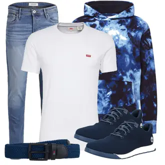 Outfit mit Blau/Hellblau/Dunkelblau Hose Große Größe/Slim Fit Jeans/Leder Schuhe/Low Rise Jean/Lederjacke/Winterjacke/Regular-Fit Jeans/Low Waist Jean/Sportschuhe/Straight Leg Jean/Tapered-Jeans Jack & Jones "Frühlingsoutfit"