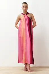 Pink Straight Cut Collar Detailed Maxi Woven Dress