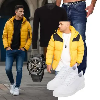 Outfit mit Gelb Winterjacke/Sommerdaunenjacke/Daunenjacke/Kapuzenjacke Behype "Freizeit Outfit"