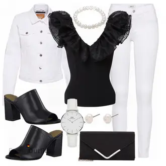 Outfit mit Weiß/Schwarz/Braun Bluse mit Lochstickerei/Bluse Oberteil/Kinderspielzeug/Schößchen­bluse/Verspielte Bluse/Volantbluse/Damen 7/8-Länge Jeans/Cropped Jeans/Schlaghose Jeans/Jeans-Culotte/Bundfaltenjeans/Formelles Hemd/Wide Leg Jean Only "Auffälliges Freizeit Outfit"