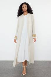 Beige Stone Embroidery Accessory Detailed Woven Cap & Abaya