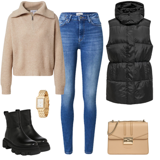 Lack Mit Absatz Outfit mit Schwarz Leder Stiefelette/Biker Boot/Chelsea Boot/Flache Stiefelette/Gefütterte Stiefelette/Plateau Stiefel About You "Cooles Outfit mit Weste"Look: Uni, Lack, Metal, Moderne, Punk, Techno