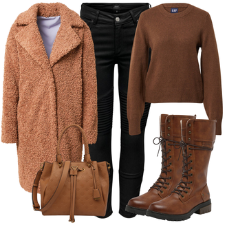 Plateau Mit Absatz Outfit mit Braun/Beige/Dunkelbraun SchnürStiefel/SpringerStiefel/Biker Boot Mustang "Outfit für den Winter"