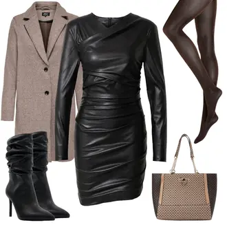 Outfit mit Schwarz/Braun/Grau/Gelb/Dunkelgrau/Weiß Lederkleid katy perry exclusive for about you "Leder Abendlook"