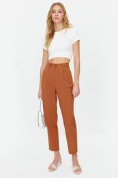 Brown Carrot High Waist Polyviscose Woven Fabric Trousers