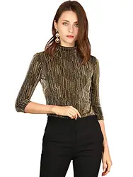 Allegra K Damen Bluse Langarm Stehkragen Metallic Glitzer Streifen Top Shirt Gold Schwarz L