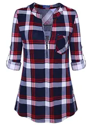 Amrto Damen V-Ausschnitt Kariert Bluse 3/4 Ärmel Reißverschluss Tunika Casual Langshirt Hemd T-Shirt Tops, Rot Kariert Medium