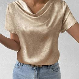 Women's Oversized Cowl Neck Short Sleeve T-shirt, 100% Polyester, Solid Color, , Non-stretch Woven Fabric, 100g/m², All