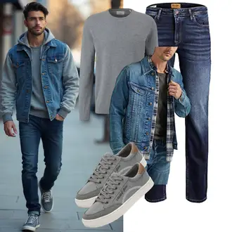 Normale Passform Outfit mit Blau/Hellblau Vintage Jacke/Kurze Jeansjacke Lee "Freizeit Outfit"