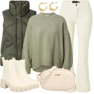 70er Outfit mit Khaki/Beige/Weiß Hose mit Schlitz/Ausgestellte Hose/Bügelfaltenhose/Bootcut Pant/Schlaghose VERO MODA "Outfit für den Herbst"Look: Schick, 70er
