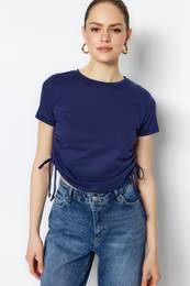Navy Blue 100% Cotton Crew Neck Gathered Basic Knitted T-Shirt