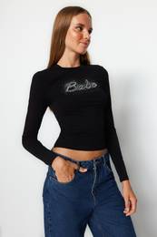 Black Shiny Stone Printed Cotton Fitted Crop Knitted Blouse