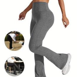 Plus Size Sports Pants, Women's Plus Solid Wide Waistband Flared Leg High Trousers