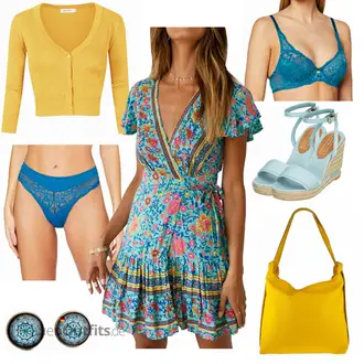 Outfit mit Blau/Mischfarben/Grün/Braun/Türkis Latex Kleid/Langärmliges Kleid/Safari Kleid/Satin Kleid/Vintage Kleid/Vintage Boho-Kleid ECOWISH "Farbenfroher Alltagslook"
