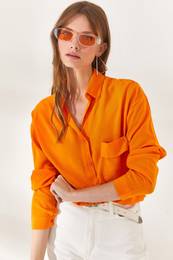 Women's Orange Single Pocket Woven Viscon Shirt