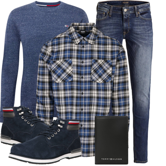 Schlichte Outfit mit Blau/Dunkelblau Low Rise Jean/Low Waist Jean/Lederjacke/Slim Fit Jeans/Leder Schuhe/Winterjacke Jack & Jones "Modisches Winter Outfit"Look: Uni, Coole, Elegant, Moderne, Schön, Old Money, Premium, Schlichte