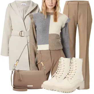Outfit mit Beige/Grau/Braun Carmenpullover/Schulterfreier Pullover/Vintage Pullover/Winterpullover/Strickpullover/Rundhals Pullover/Cut Out Pullover/Nicki Pullover/Wollpullover/Wasserfallpullover/Einfacher Pullover/Kaschmir Pullover Object "Modisches Winter Outfit"