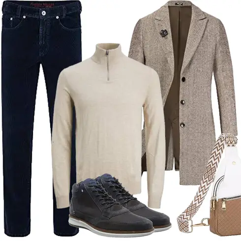 Grau/Beige/Braun Langer WinterMantel PaulJones kombinieren