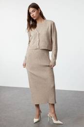 Light Brown Corded Soft Textured Knitwear Dress Cardigan Suit