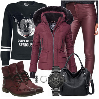 Outfit mit Dunkelrot/Lila/Rot/Bordeaux Klassischer Stiefel/Winter Stiefelette/Leder Stiefelette/Flache Stiefelette/Gefütterte Stiefelette/SchnürStiefelette Rieker "Navahoo Jacke"