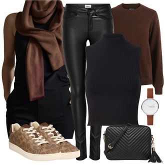 Freizeit Outfits Kate mit Schwarz/Dunkelblau Crop Top/Cropped Tank Top/Strick Top/Ärmelloses Shirt/男鞋/Rollkragenshirt/Rundhals-Strickjacke/Kurze Strickjacke/Stehkragen-Strickjacke Edited, Schwarz/Braun/Weiß Umhängetasche/Clutch/Schultertasche/Kleine Tasche/Handytasche/Schulranzen/Schultertasche About You "Modisches Freizeit Outfit"
