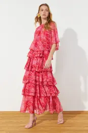 Chiffon Woven Evening Dress with Tiered Pink Floral Skirt