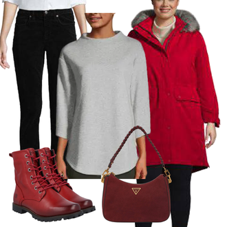 Outfit mit Rot/Dunkelrot Schnürstiefelette/Springerstiefel/Klassischer Stiefel/Biker Boot/Flache Stiefelette/Gefütterte Stiefelette/Lederjacke Dockers by Gerli "Herbstlicher Look"