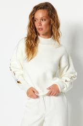 Ecru Soft Textured Button Detailed Knitwear Sweater
