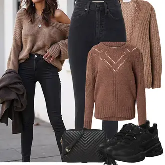 Outfit s Tmavě hnědá/Hnědá Svetr s Výstřihem/Pletený Svetr/Mohair Pullover/Norský Svetr/Jednoduchý Svetr/Vintage svetr/Zimní Svetr/Vlněný Svetr Only "Jarní Outfit"