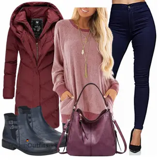 Outfit mit Rot/Bordeaux/DunkelRot Kapuzenmantel/Langer Wintermantel/Mantel mit Reißverschluss/Steppmantel/Wintermantel/Langer Daunenmantel/Daunenmantel Ragwear "Perfekt für den Herbst"