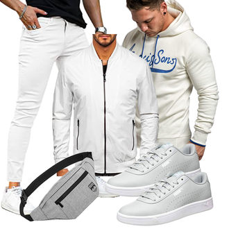 Outfit mit Grau/Weiß/Creme Reflektierende Jacke/Windbreaker Jacke/Nylonjacke/Laufjacke/Segeljacke/Frühlingsjacke/Sportjacke/Leichte Jacke/Jacke mit Seitlichem Reißverschluss/Sommerjacke BOLF "Freizeit Outfit"