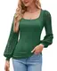 Damen Mesh Puffy Langarm Eckigem Ausschnitt Bluse Sexy Bodycon T-Shirt Oberteile Top Sommer Frühling 2023, Dunkelgrün, M
